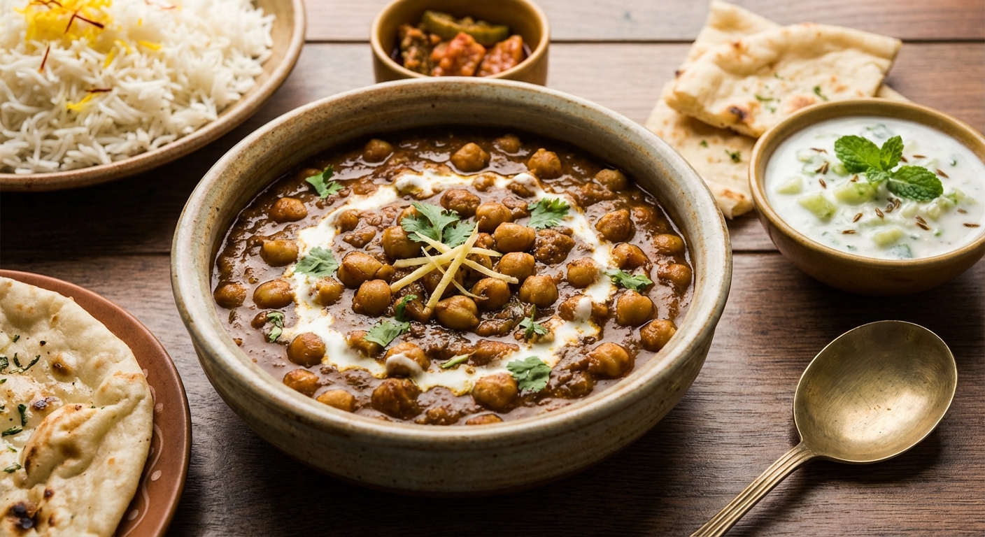 Chana Masala with Basmati Rice and Cucumber Raita