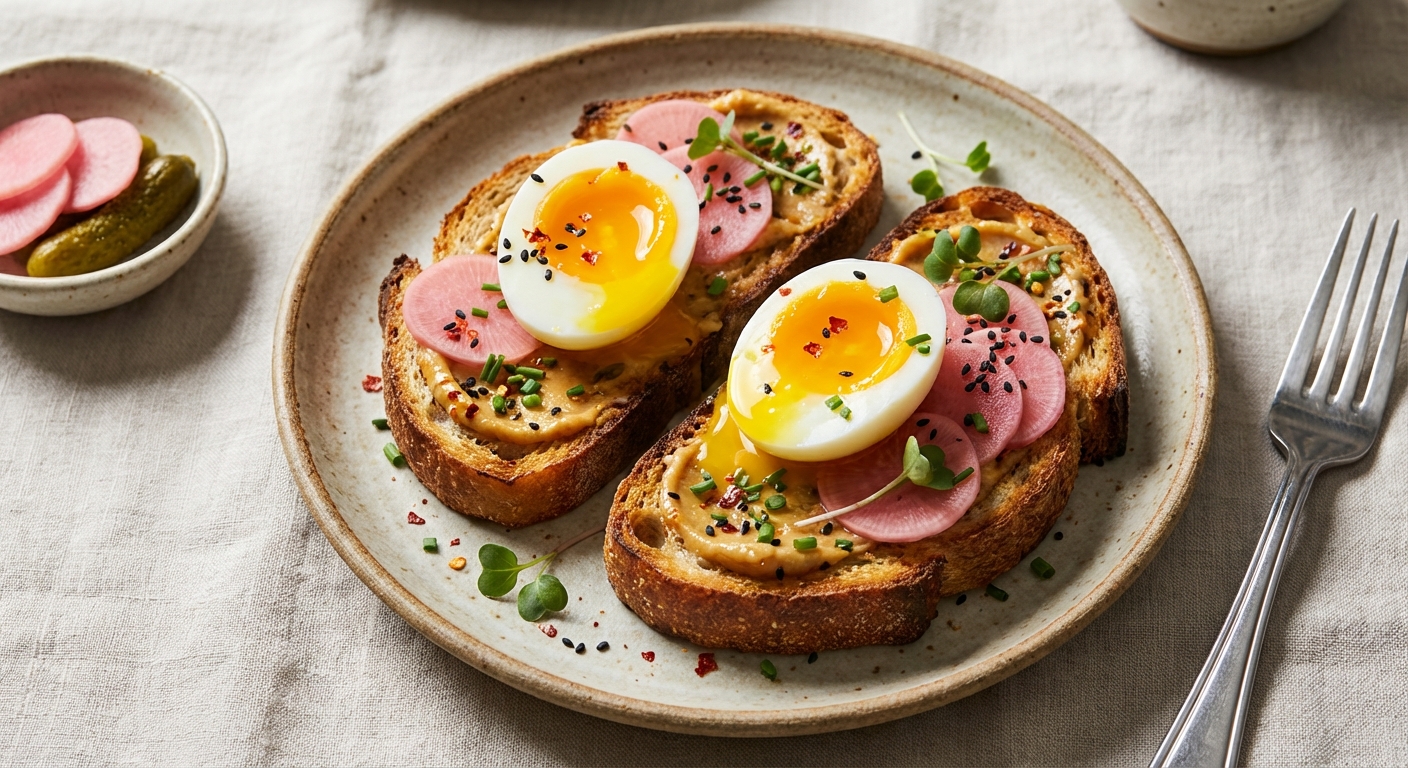Soft‑Boiled Eggs Over Miso‑Butter Sourdough with Pickled Radish & Chives