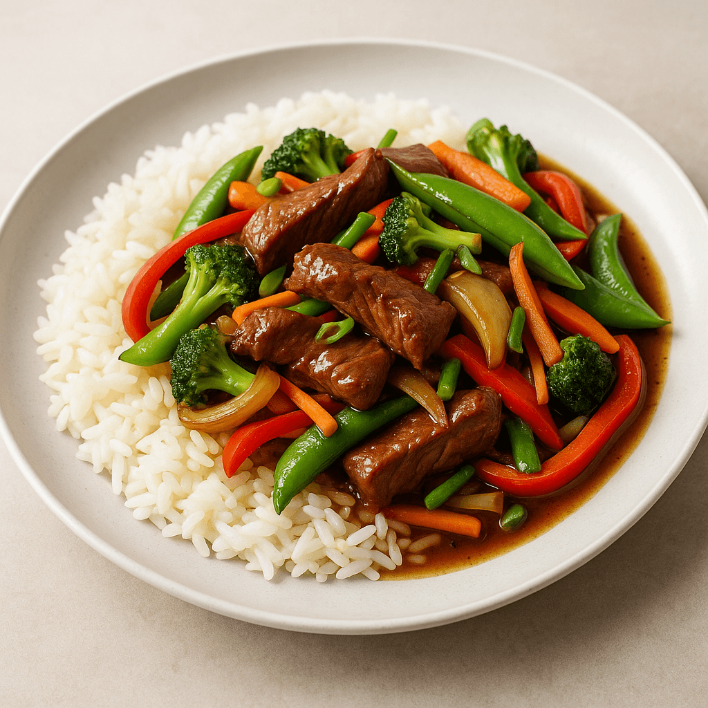 Beef Stir-fry with Vegetables and Rice