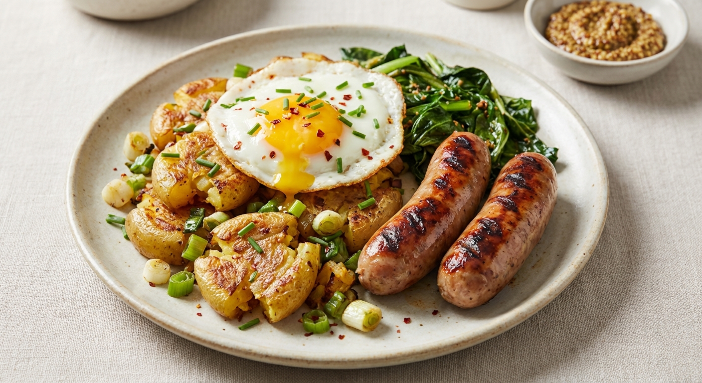 Crispy New Potato & Spring Onion Hash with Charred Pork Breakfast Sausages and Mustard‑Greens