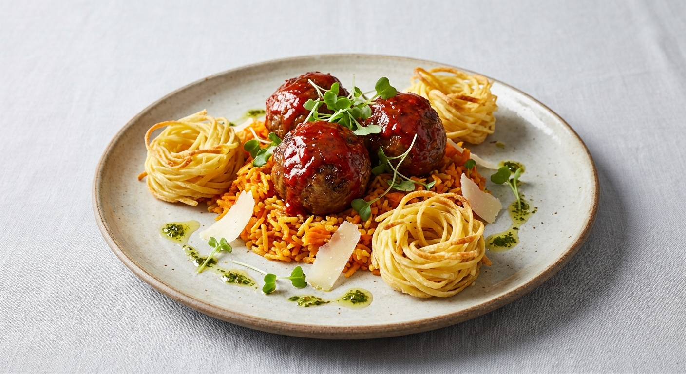 Trio-Meat Pepper Meatballs with Carrot Pilaf and Crispy Pasta Nests