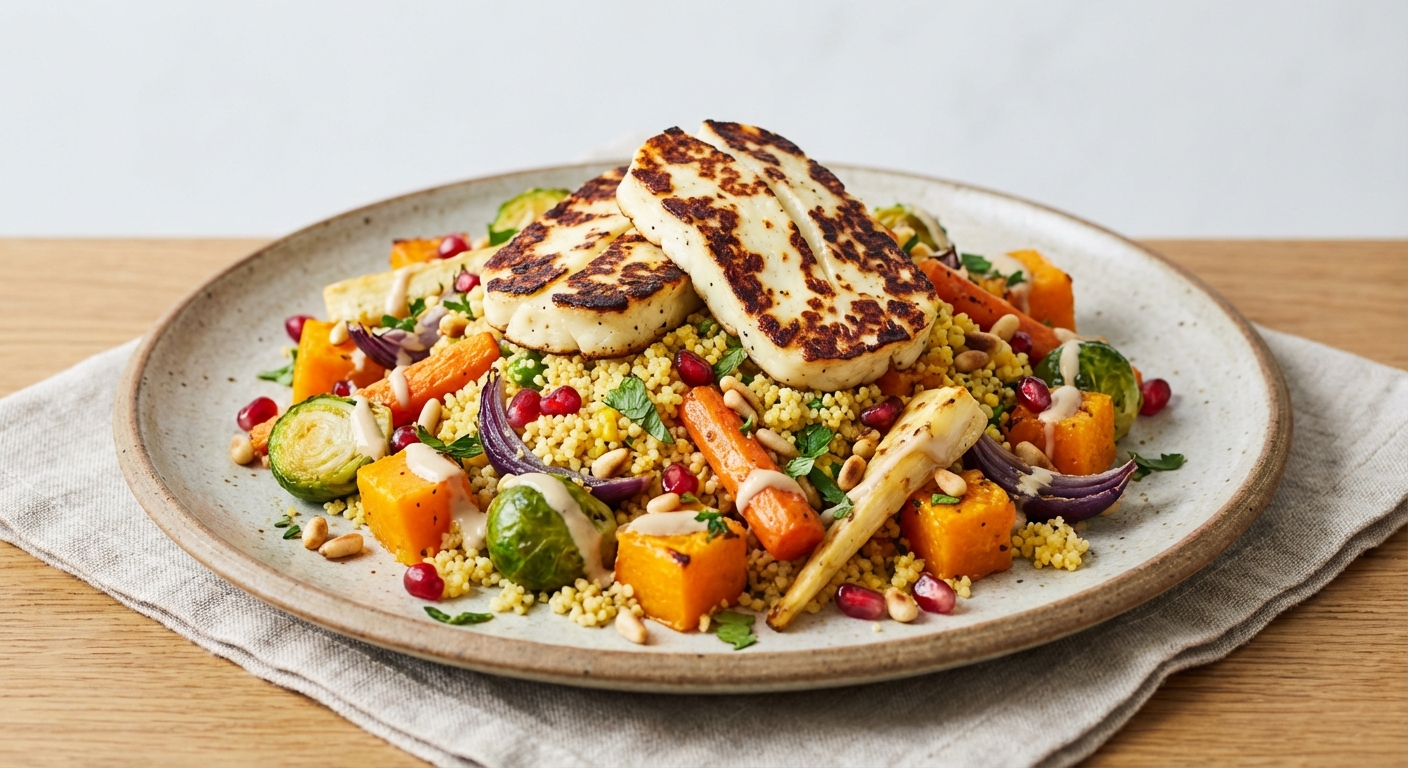 Grilled Halloumi & Pan-Roasted Winter Vegetable Couscous Salad