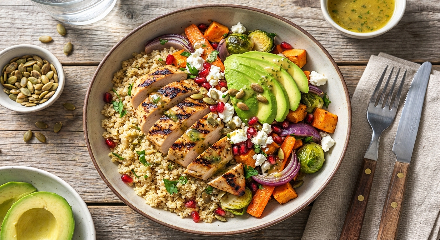 Grilled Chicken & Quinoa Salad with Roasted Veggies & Avocado