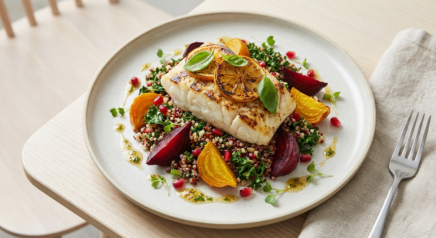 Grilled Citrus-Basil Cod over Winter Quinoa & Roasted Beet Salad