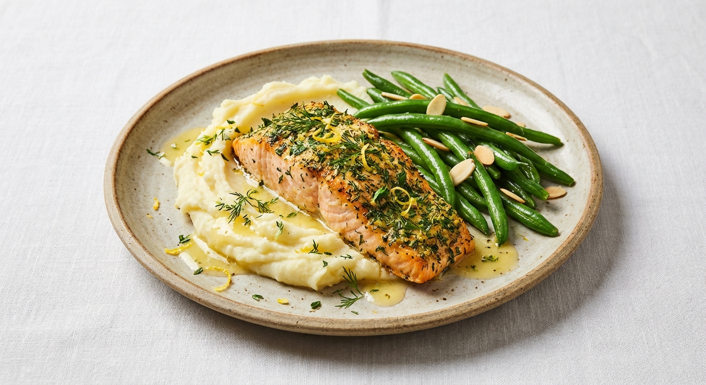 Baked Herb-Crusted Salmon with Garlic Mashed Potatoes and Steamed Green Beans