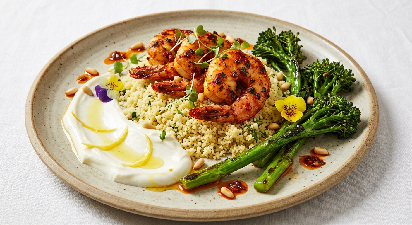 Harissa-Sautéed Shrimp with Preserved Lemon Yogurt, Lemon-Cilantro Couscous & Charred Broccolini