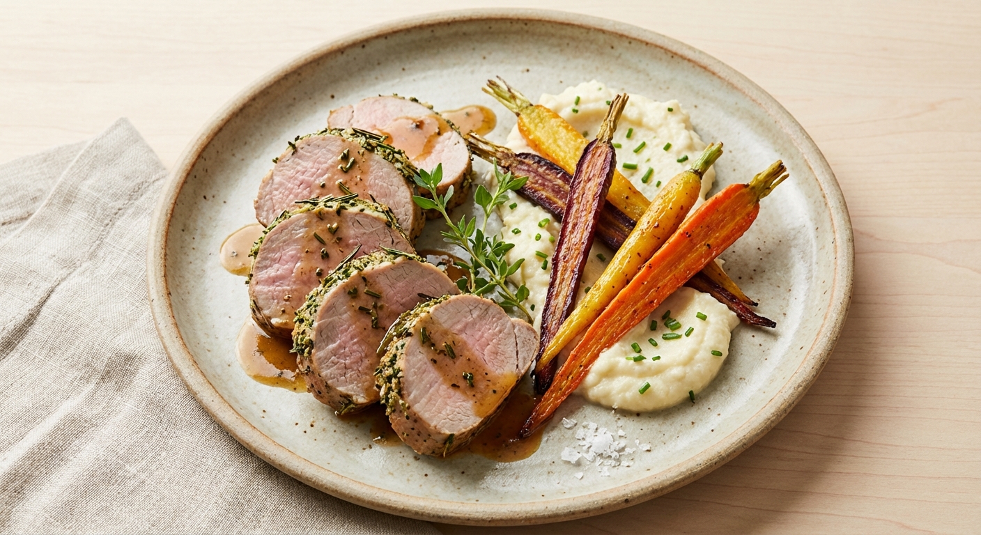 Herb-Roasted Pork Tenderloin with Roasted Carrots and Creamy Mashed Cauliflower