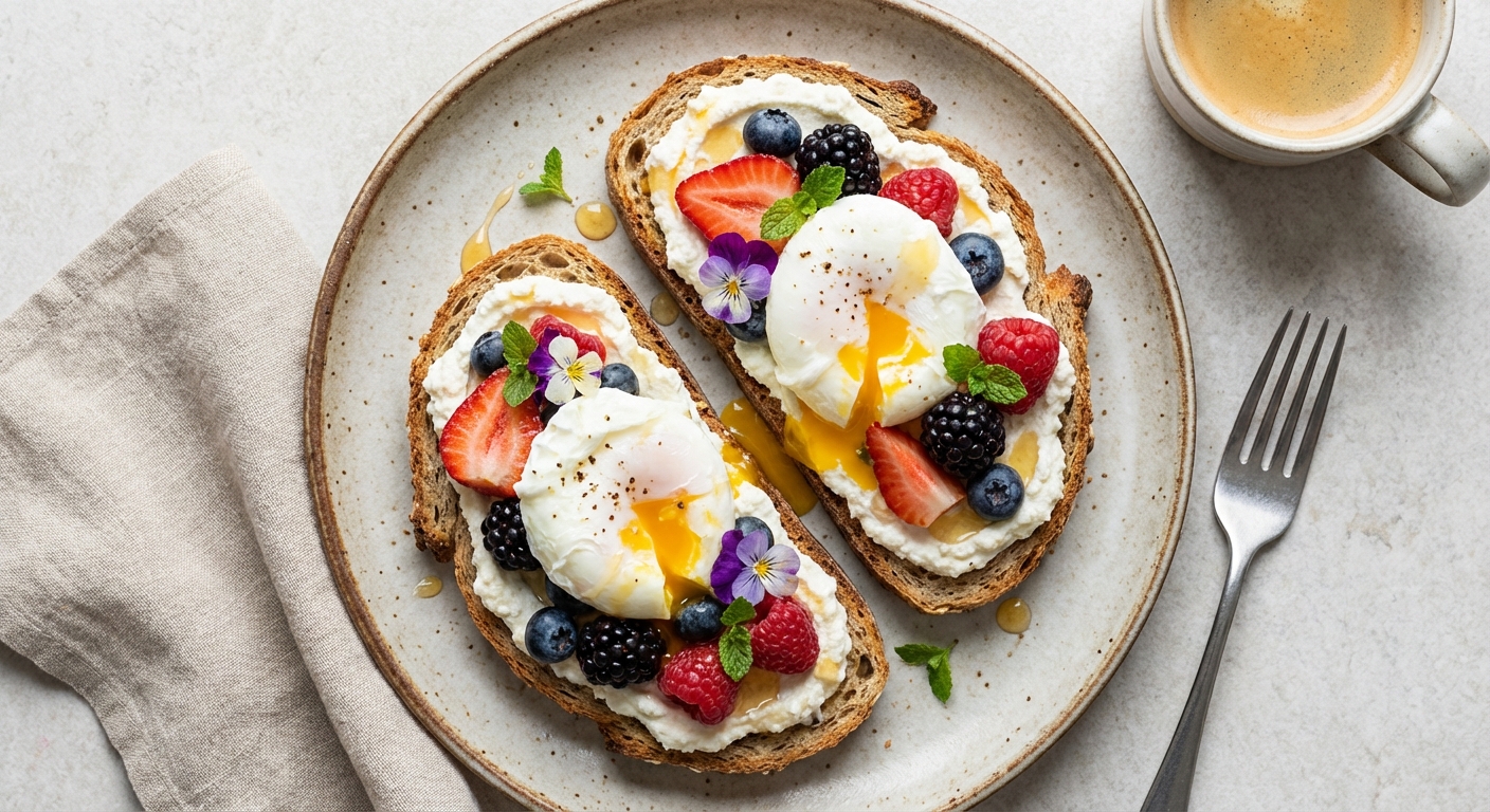 Whole-Grain Ricotta Toast with Poached Eggs & Mixed Berries