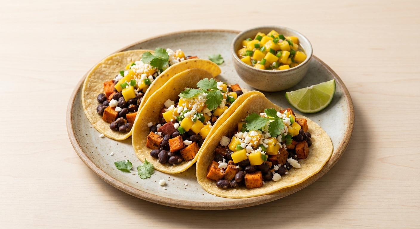 Black Bean & Roasted Sweet Potato Tacos with Mango–Jalapeño Salsa
