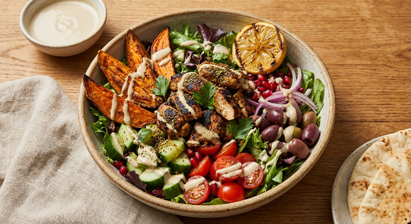 Middle-Eastern Chicken Shawarma Salad with Tahini Dressing and Roasted Sweet Potato