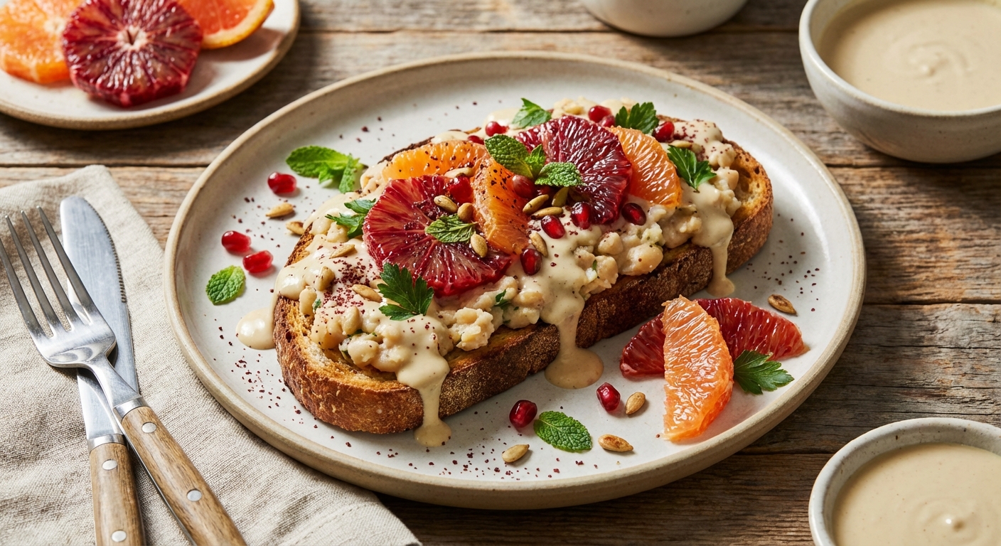 Lemon‑Tahini White Bean Smash on Rustic Sourdough with Winter Citrus & Pomegranate