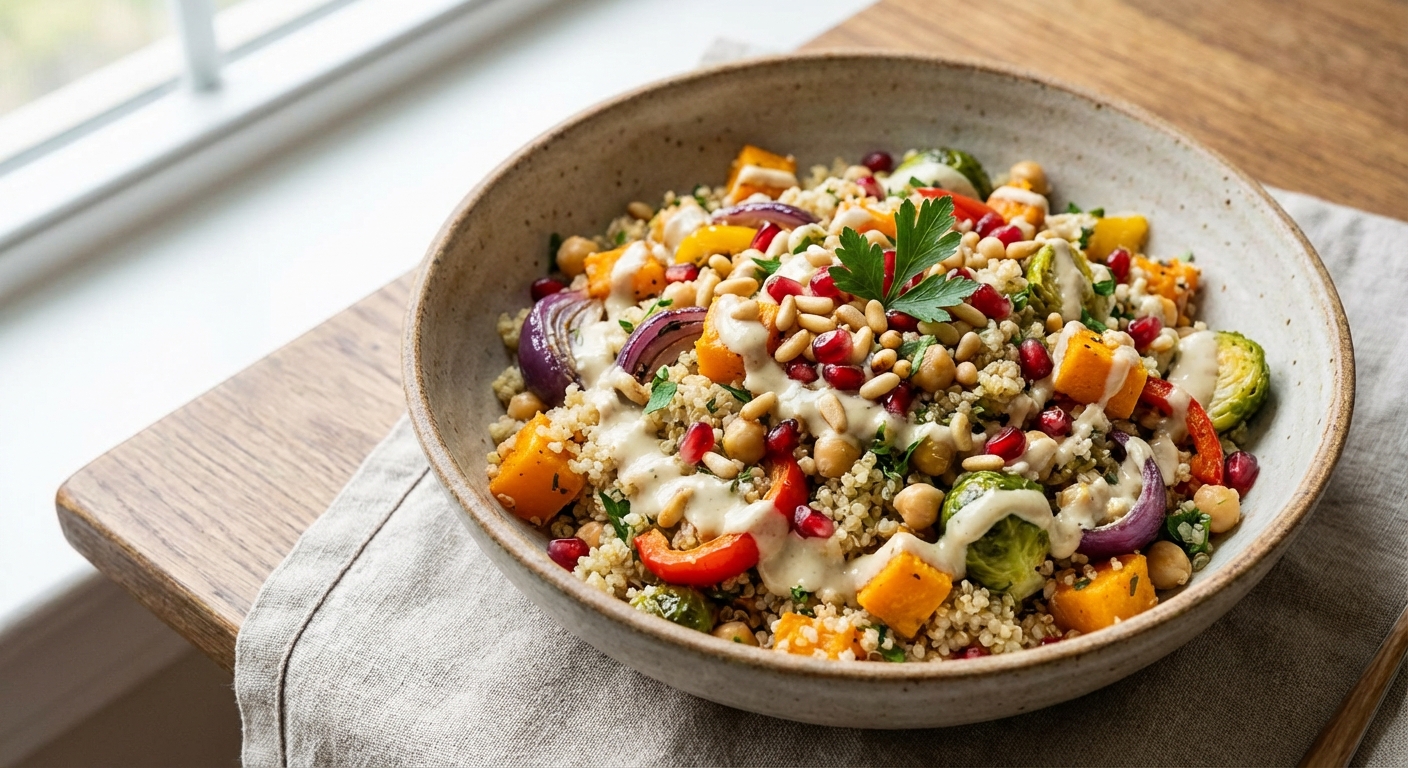 Quinoa, Roasted Vegetable & Chickpea Salad with Lemon-Tahini Dressing