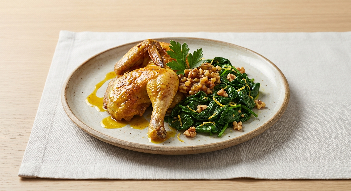 Turmeric-Garlic Roasted Chicken with Lemon-Ginger Spinach & Walnut Salsa (Anti-Inflammatory, Gluten-Free)