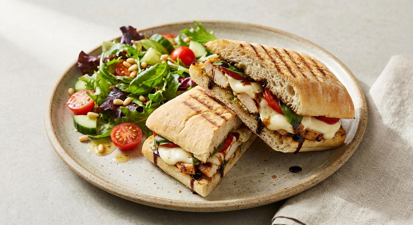 Caprese Chicken Panini with Mixed Green Salad
