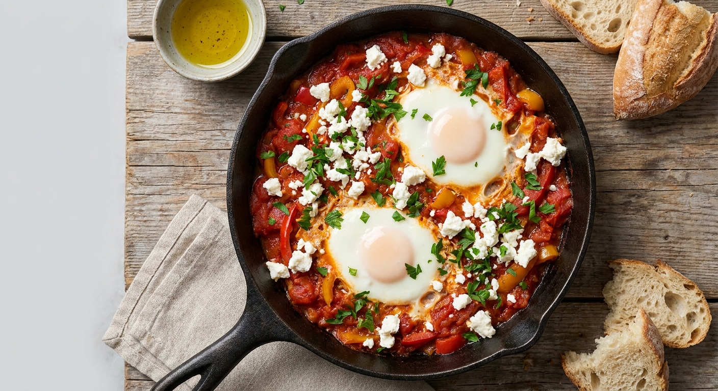 Shakshuka-Style Skillet Eggs with Summer Tomatoes, Feta & Parsley