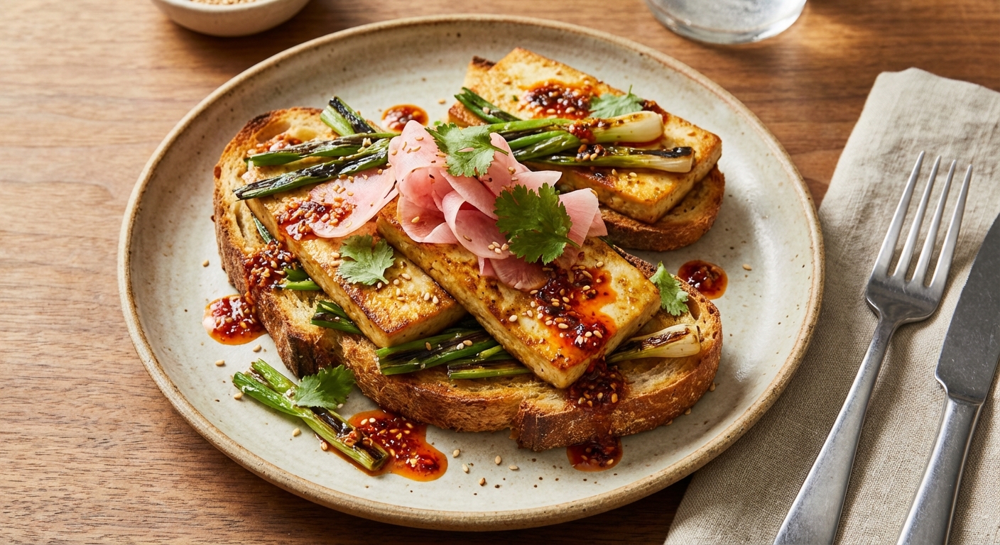 Citrus-Scallion Pan-Seared Tofu on Rustic Sourdough with Quick-Pickled Radish & Chili-Sesame Drizzle