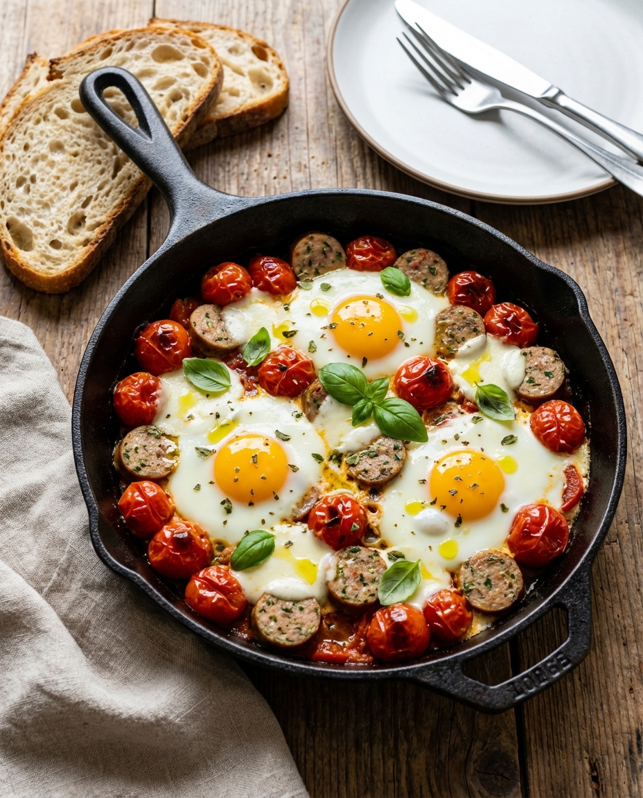 Sausage, Tomato & Baked Eggs Skillet