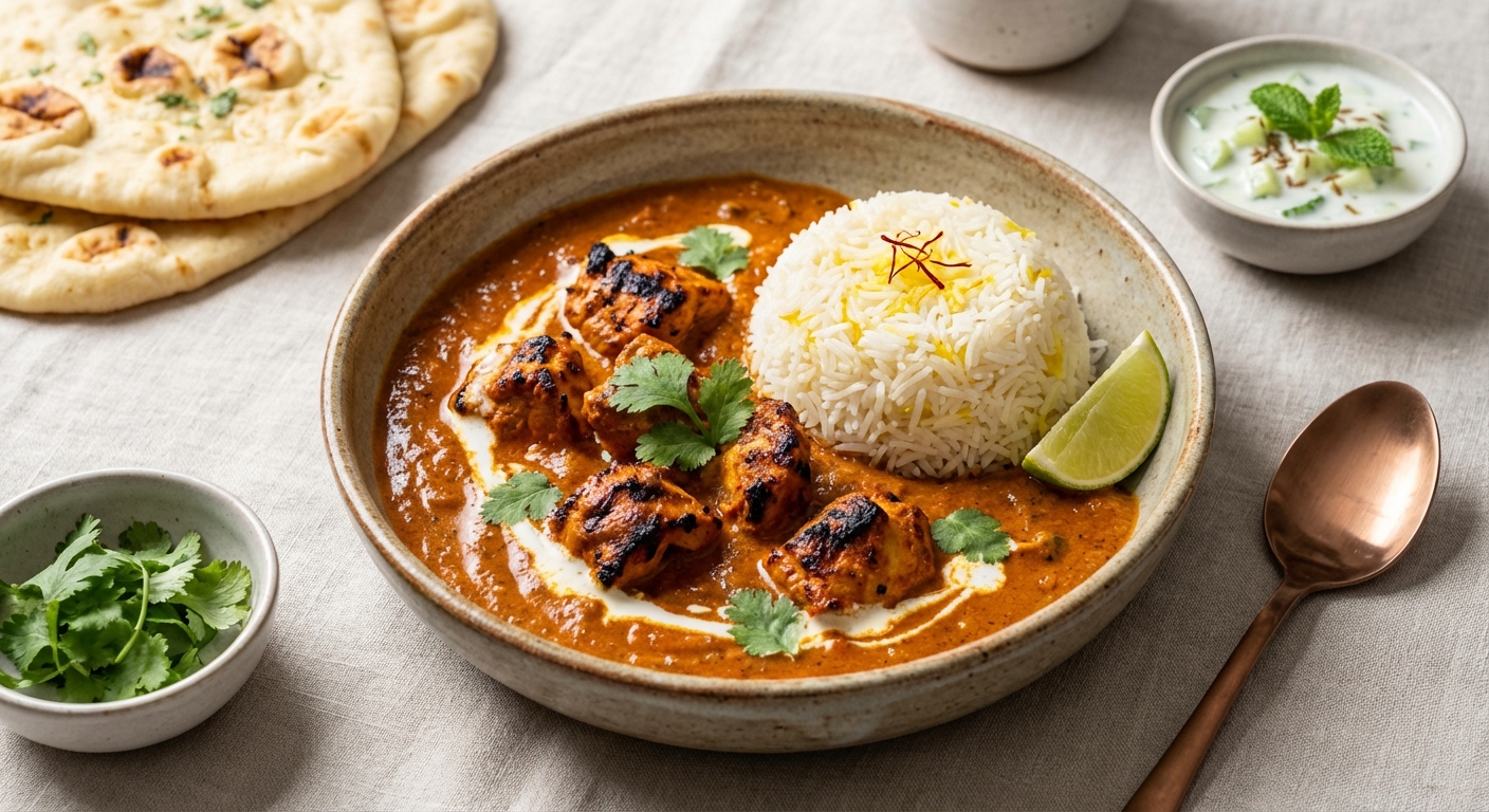 Chicken Tikka Masala with Basmati Rice and Cucumber Raita