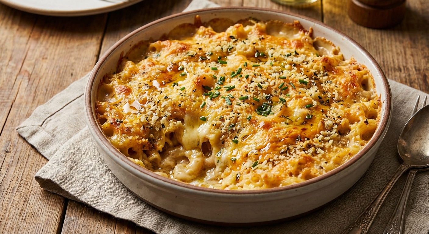 Umami Cheddar & Beef Broth Baked Mac — Creamy, Savory Pasta Gratin