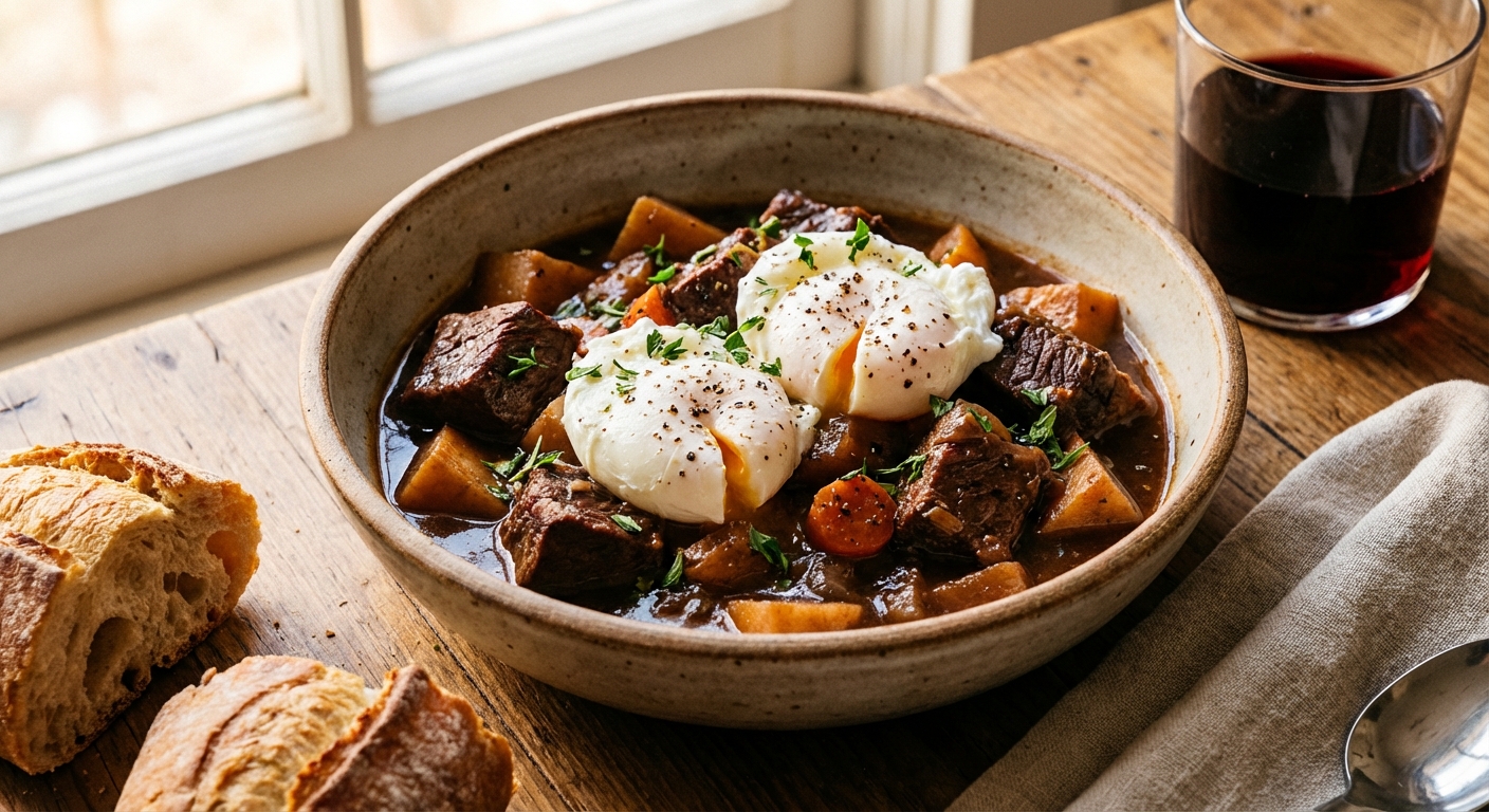 Hearty Beef and Vegetable Stew with Poached Eggs