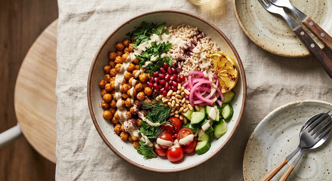 Chickpea Shawarma Bowl with Brown Rice and Tahini