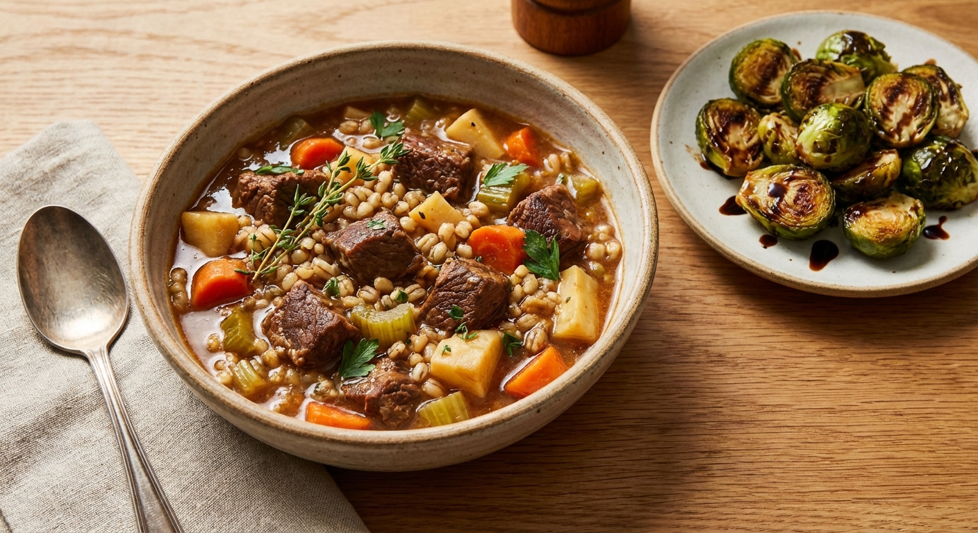Beef & Barley Stew with Root Vegetables and Roasted Brussels Sprouts