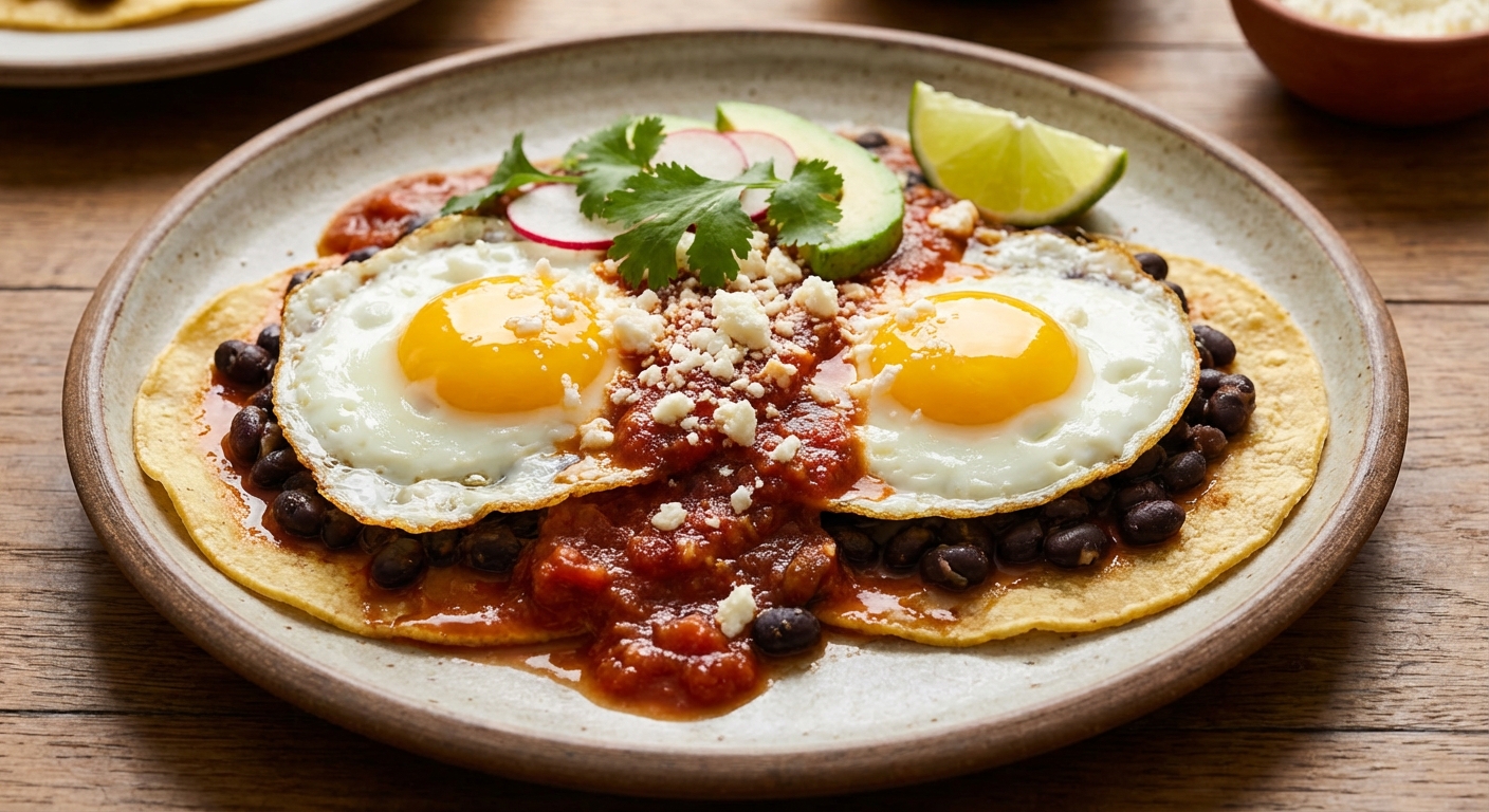 Huevos Rancheros on Corn Tortilla with Black Beans
