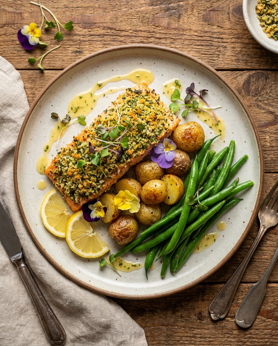 Baked Herb-Crusted Salmon with Roasted Baby Potatoes and Steamed Green Beans