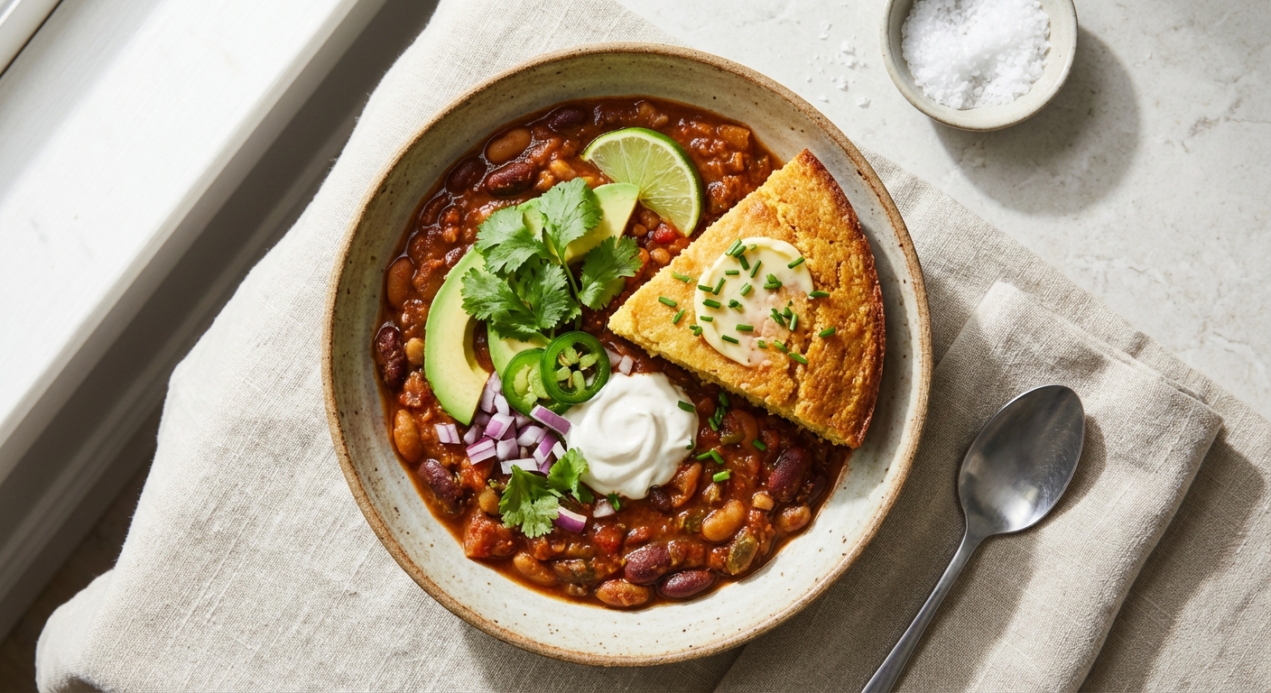 Vegetarian Three-Bean Chili with Egg-Free Cornbread