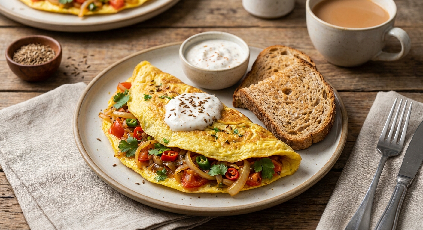 Masala Omelette with Spiced Yogurt & Whole-Wheat Toast