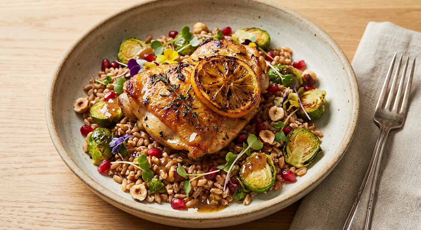 Citrus-Roasted Chicken Thigh & Farro Salad with Roasted Brussels, Pomegranate & Hazelnut Vinaigrette