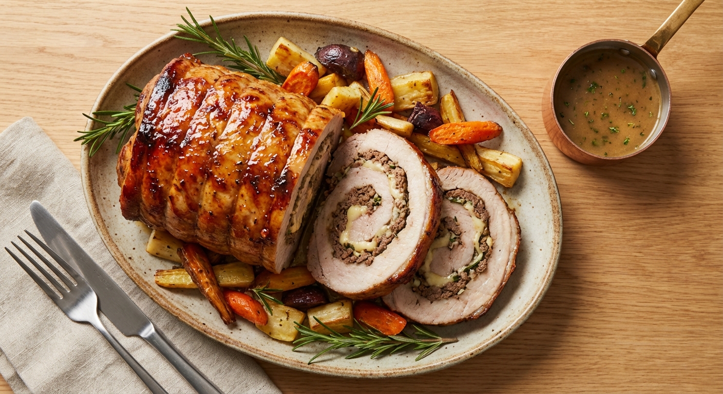 Stuffed Pork Loin with Beef, Garlic, and Cheese