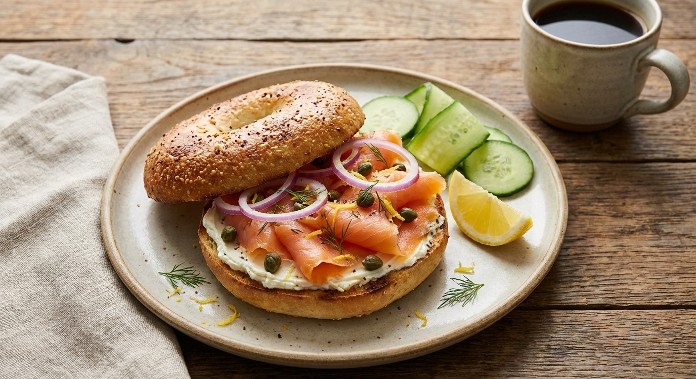 Smoked Salmon Bagel with Light Cream Cheese, Capers & Red Onion