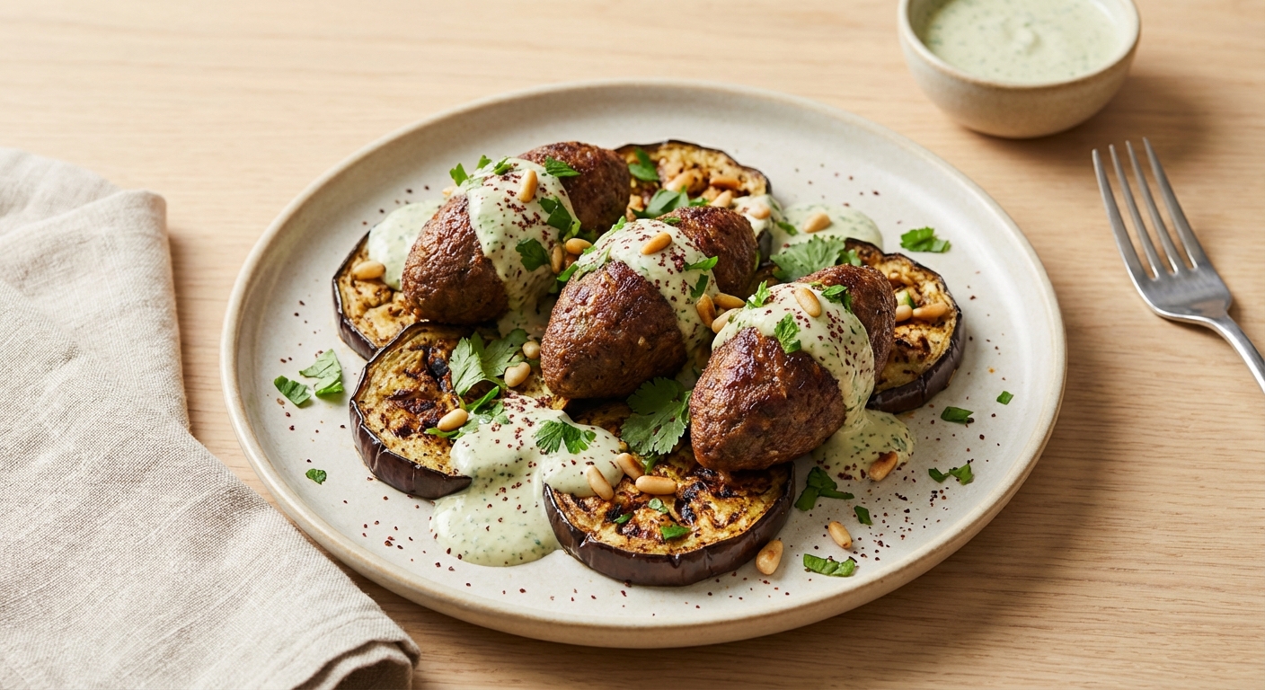Spiced Beef Kofta with Roasted Eggplant and Tahini‑Herb Drizzle