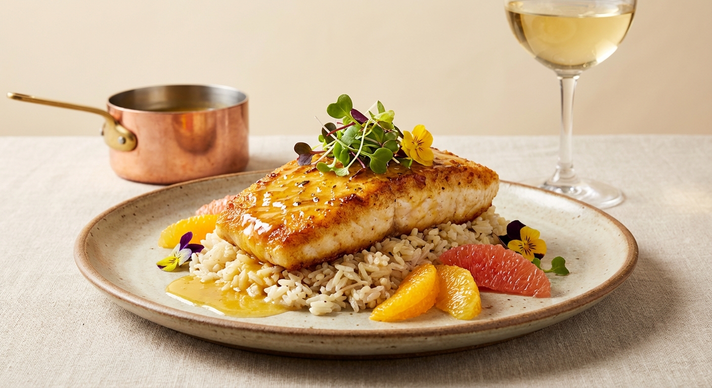 Pan-Seared Citrus-Butter Fish with Garlic Shallot Rice