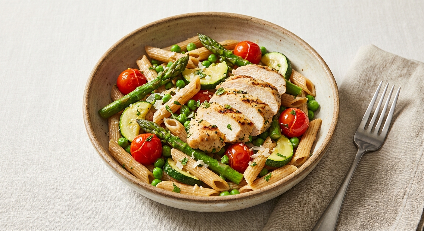 Whole‑Wheat Penne Primavera with Grilled Chicken