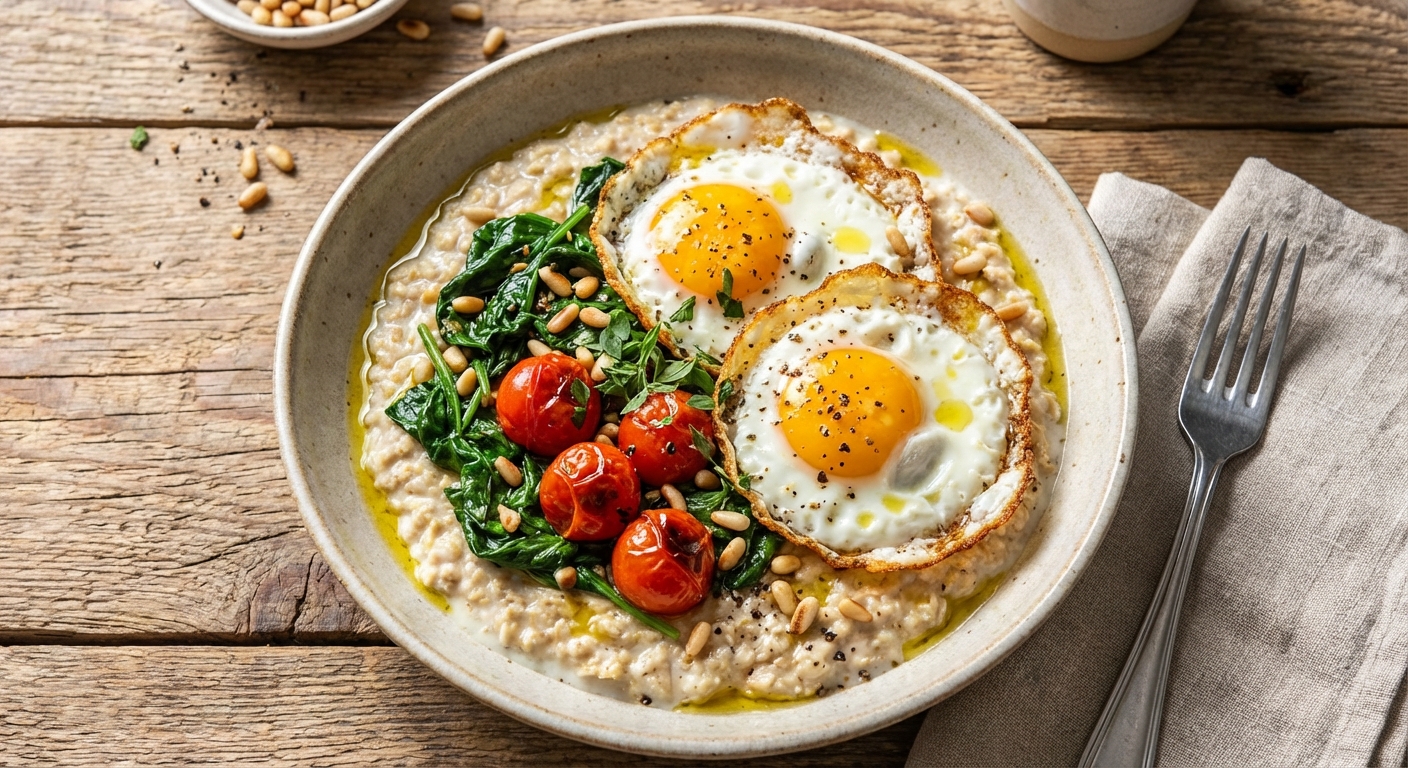 Savory Oats with Fried Eggs, Sautéed Spinach & Cherry Tomatoes