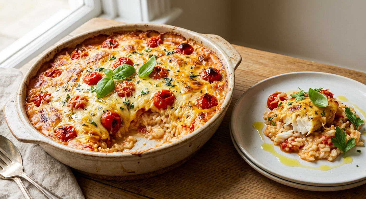 Cheesy Fish and Tomato Rice Casserole