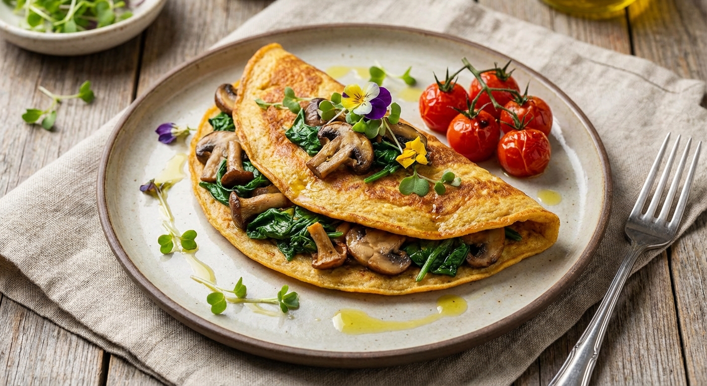 Chickpea Flour Omelette with Sautéed Mushrooms & Spinach