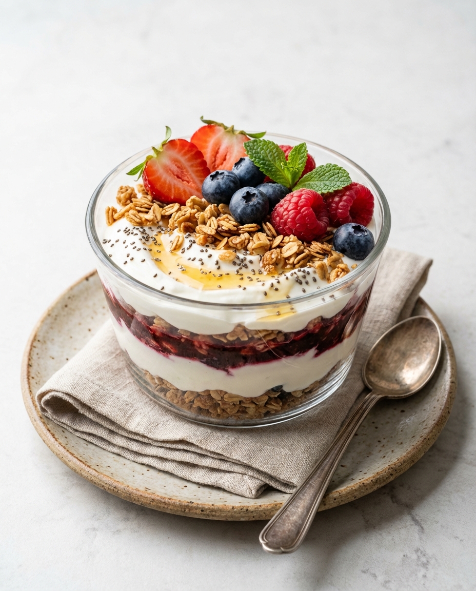 Greek Yogurt Berry Parfait with Granola & Chia