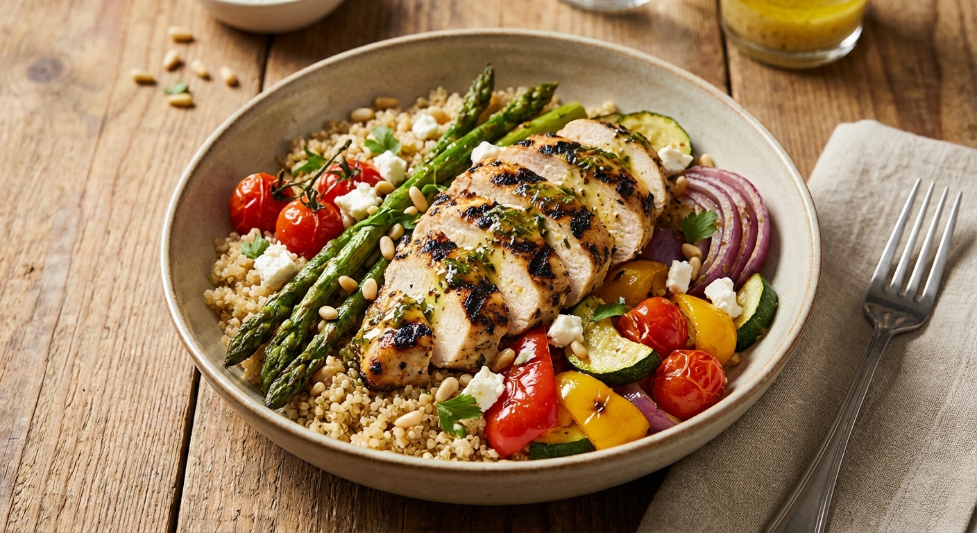 Grilled Lemon Chicken & Quinoa Salad with Roasted Vegetables