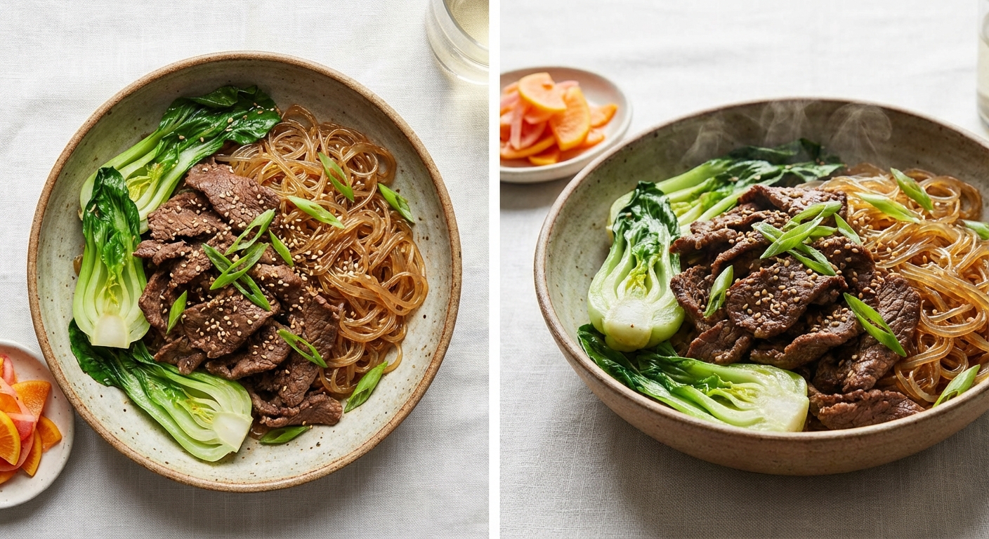 Quick Korean-Style Beef & Glass Noodle Stir-Fry with Baby Bok Choy and Citrus-Pickled Radish
