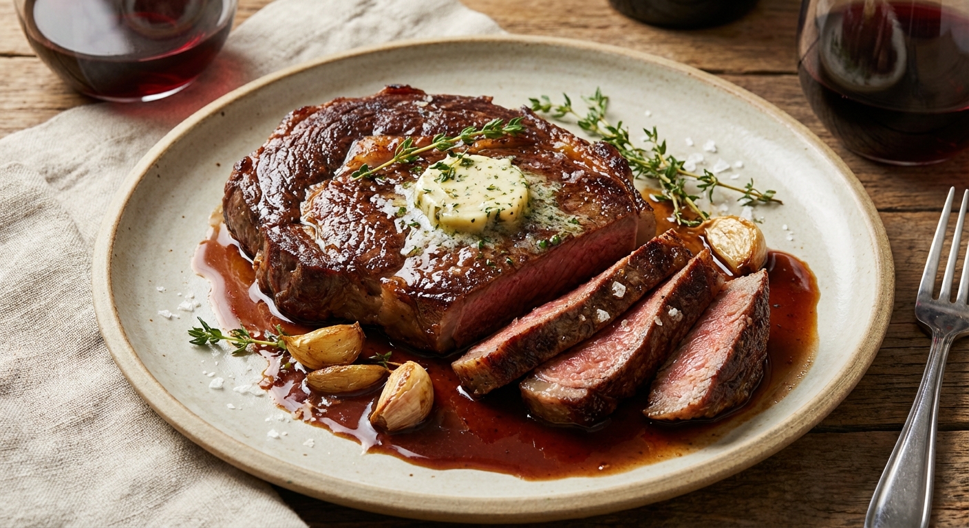 Pan-Seared Ribeye Steak with Garlic-Thyme Butter and Red Wine Pan Sauce - Delicious Homemade Recipe
