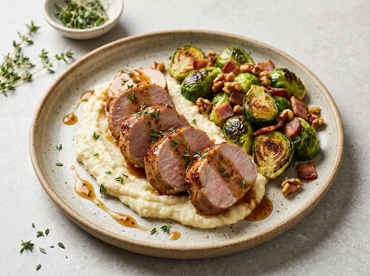 Roasted Pork Tenderloin with Mustard Glaze, Brussels Sprouts & Mashed Cauliflower