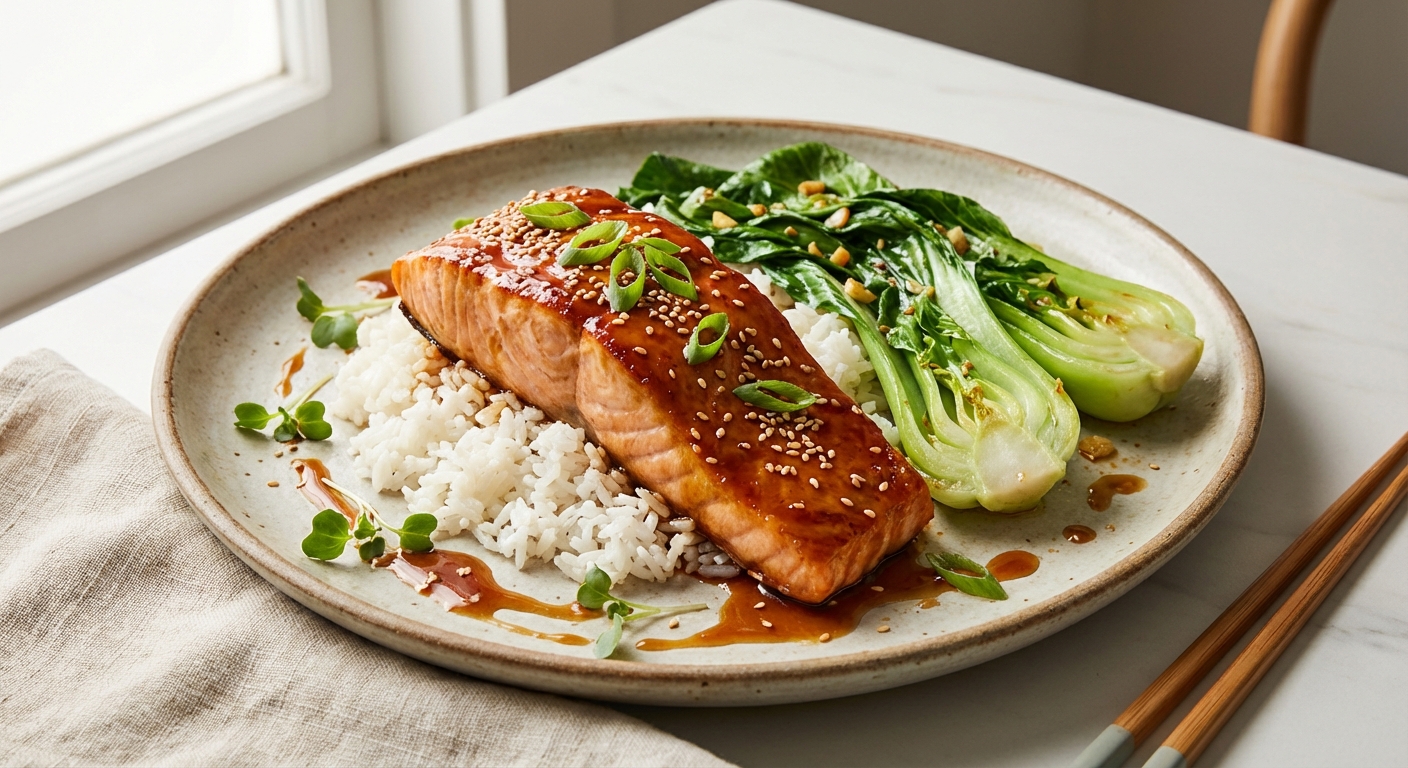 Teriyaki Salmon with Jasmine Rice & Sesame Bok Choy