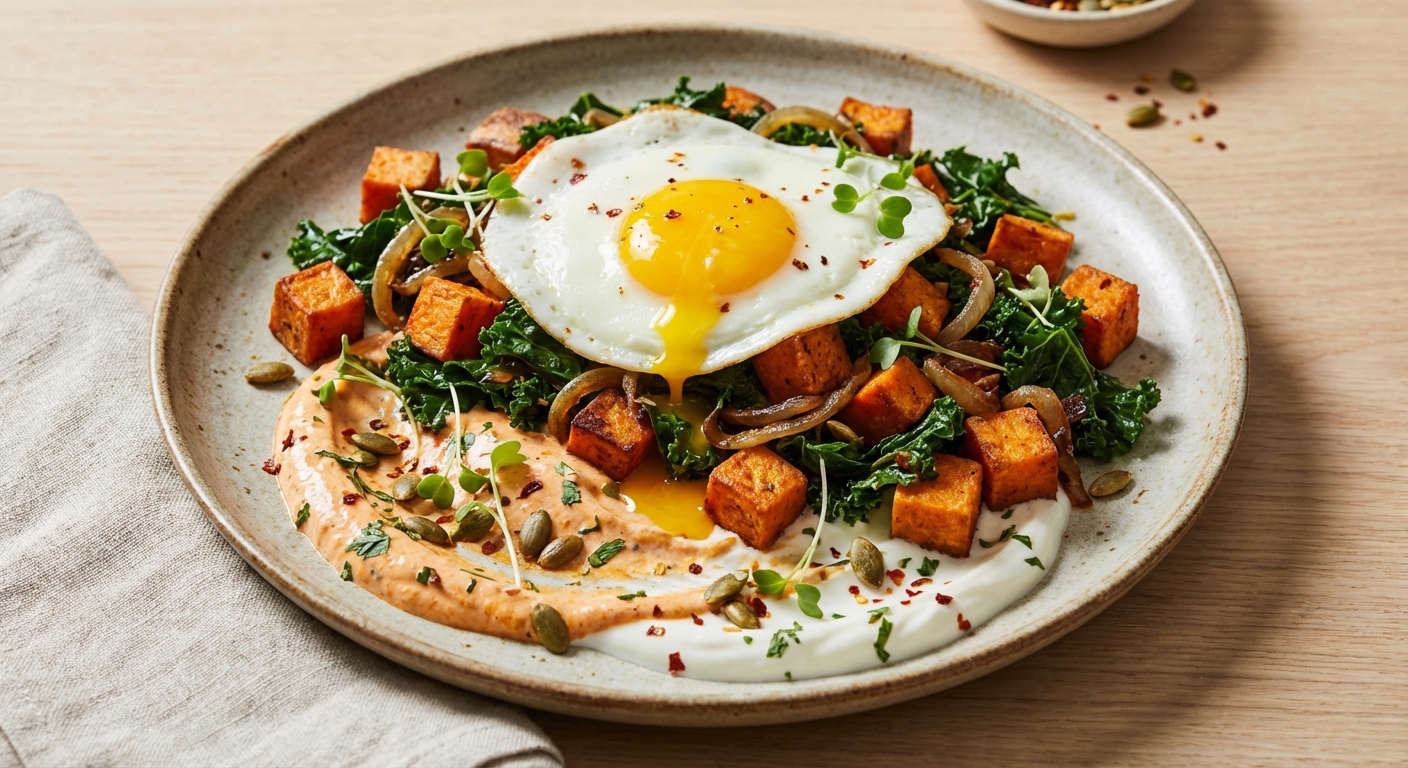 Sweet Potato & Kale Hash with Fried Egg and Harissa Yogurt