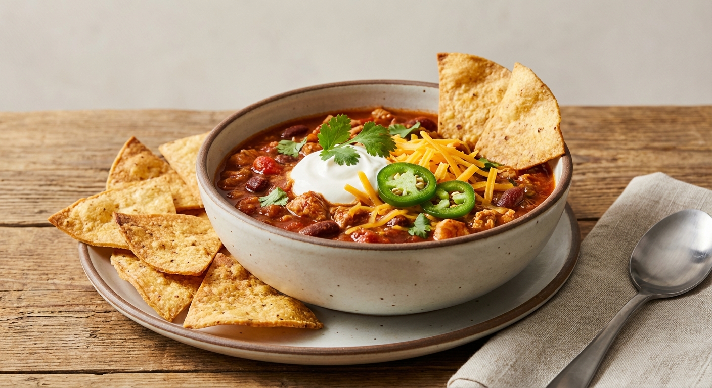 Turkey & Bean Chili with Crispy Baked Corn Tortilla Chips