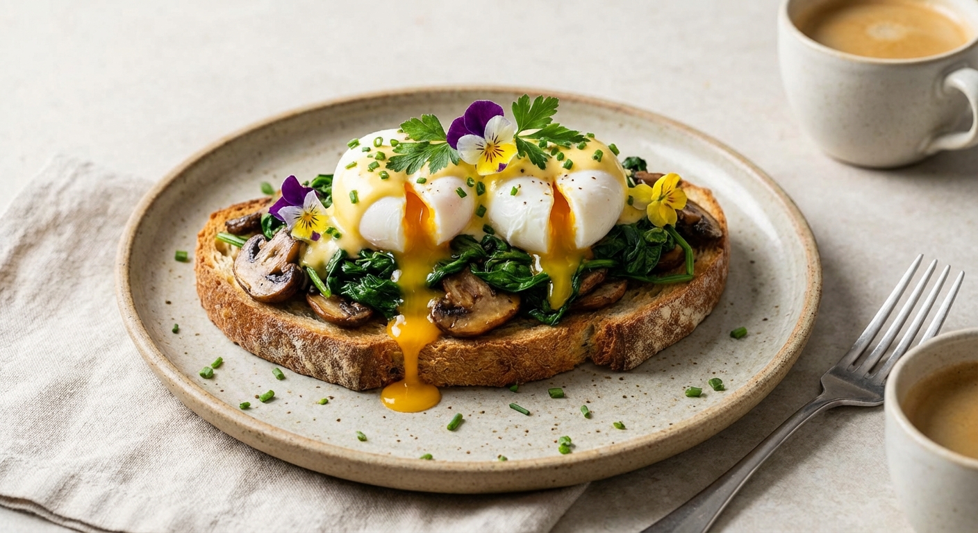 Poached Eggs on Sautéed Mushrooms & Spinach on Gluten-Free Toast