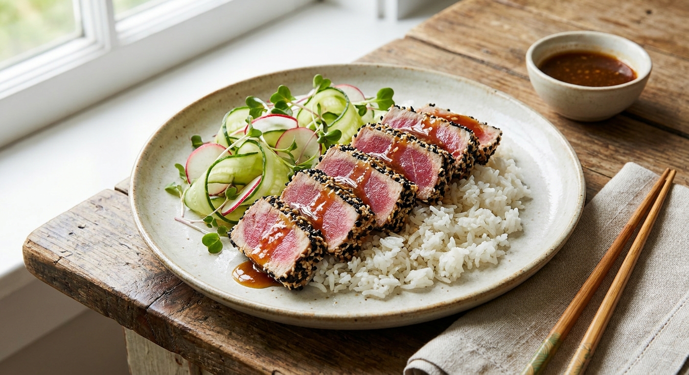 Seared Sesame-Crusted Tuna with Coconut Jasmine Rice, Quick‑Pickled Cucumber & Soy‑Ginger Glaze