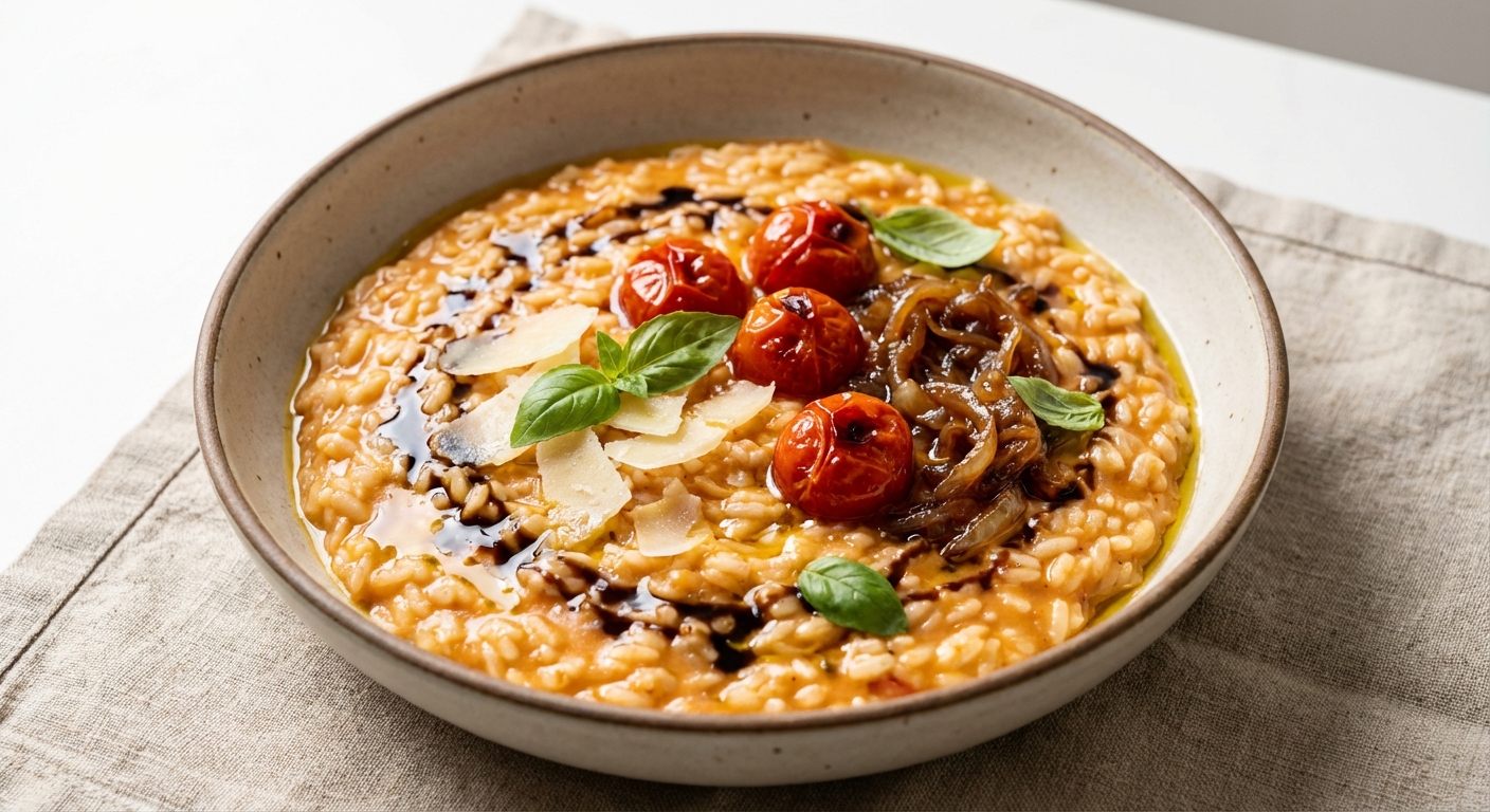 Creamy Tomato & Parmesan Rice with Roasted Tomato Confit and Caramelized Onion